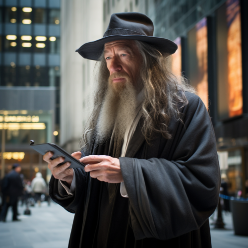 shiftedreality Gandalf the wizard as business man in wall stree e426064e-8287-4f8d-b7e7-90088ac69d37