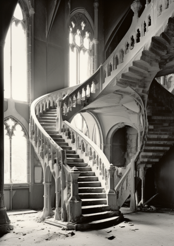 shiftedreality a black and white photo of an old staircase in t 631f7d60-6ad1-4149-a026-212e6fd40ce5 (1)