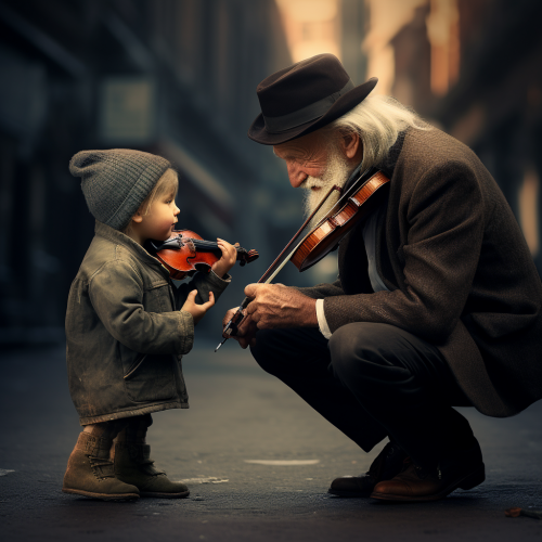 shiftedreality a child plays beside an old man playing the viol cde14597-cbef-410e-acfd-403314a6ac09