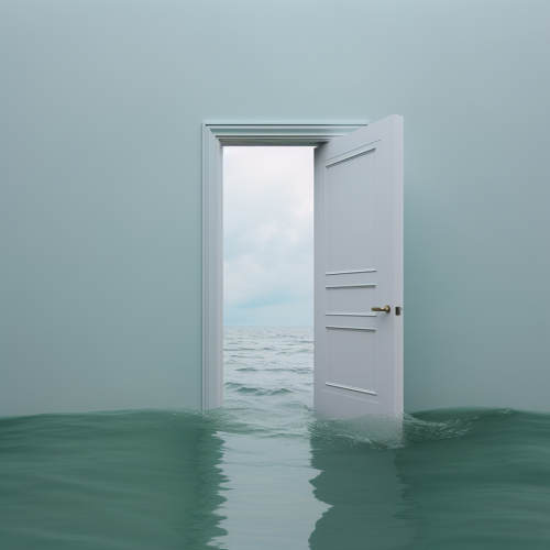 shiftedreality a door is floating in the water in the style of  5c997dd4-2279-4529-8356-91884c495584