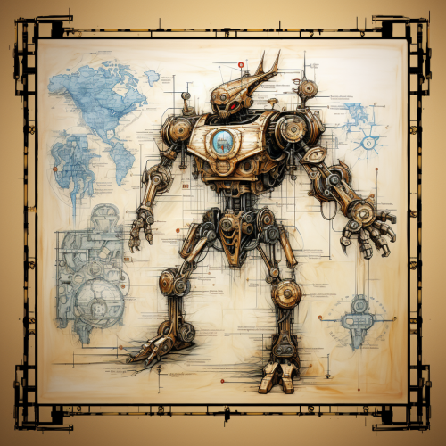 shiftedreality a drawing of a robot on an old map in the style  0a8839a9-5007-4ea7-a317-78b449fa9f30 (1)