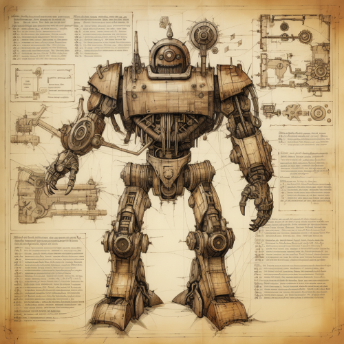 shiftedreality a drawing of a robot on an old map in the style  117bf807-28d8-4894-a244-ba6d71a0594a (1)