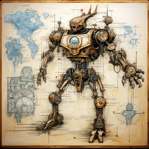 shiftedreality a drawing of a robot on an old map in the style  b84b0195-61c7-460d-a399-7e4de800c756 (1)