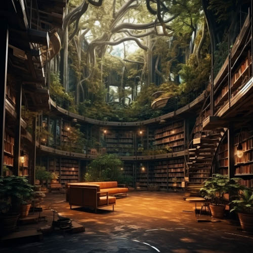 shiftedreality a giant library in the forest. realistic. cinema 338f9643-87ae-4dde-a6b0-f650ed5c1746 (1)