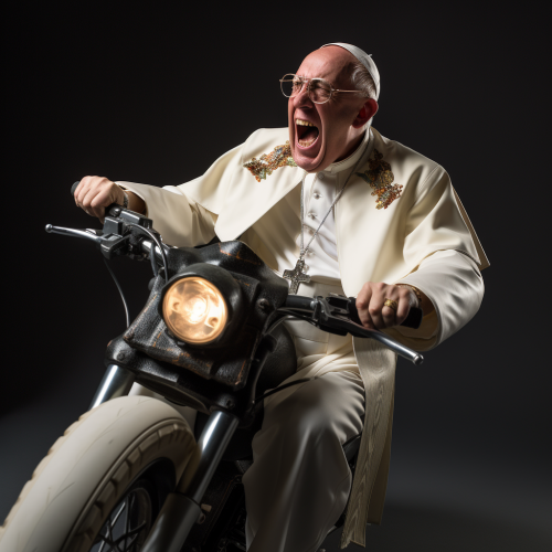 shiftedreality a photo of pope francis in rocker outfit riding  d3f9203c-a3da-4c15-a6e7-f9c3b0409013