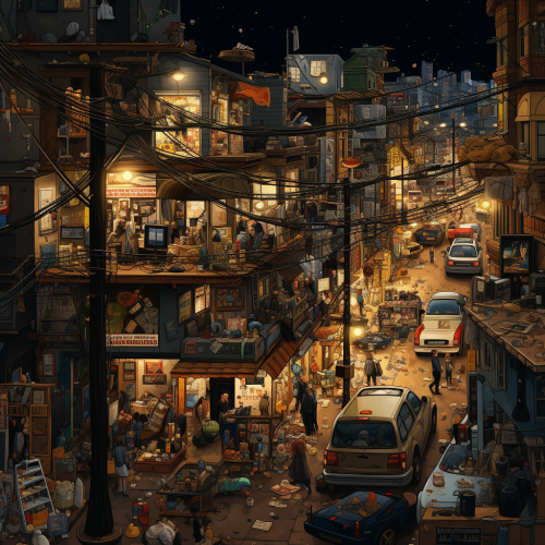 shiftedreality a poster featuring street scenes and cartoon cha d781e55c-2d1e-4514-9519-23a516356b3b