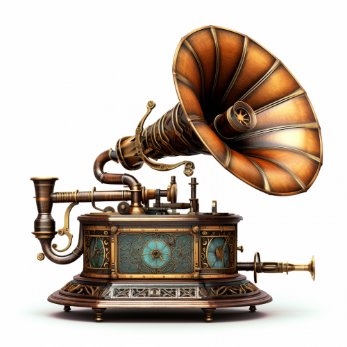 shiftedreality a steampunk Grammophone. White background. Ultra 38b23522-3acb-40b9-bbf8-7ebd3e135040