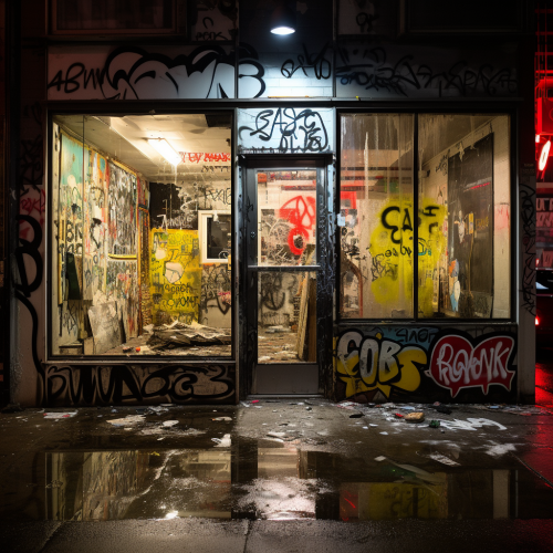shiftedreality a store front with graffiti is covered with graf 07cd2b2d-054a-4a0e-bf4b-7b429b44e8c5