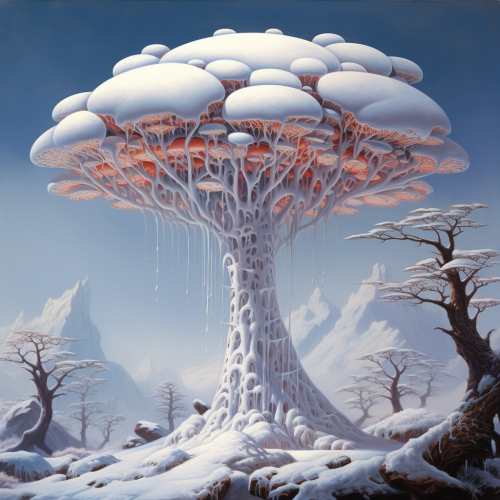 shiftedreality a white mushroom tree stands in the snow in the  36cf99ad-2792-4ebb-b261-ed58535cd201
