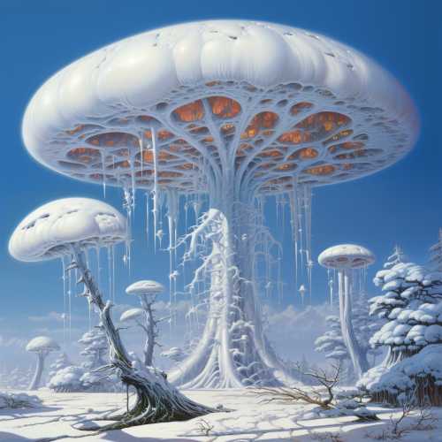 shiftedreality a white mushroom tree stands in the snow in the  94e2aabe-550b-480c-bc94-e6002746dbf9