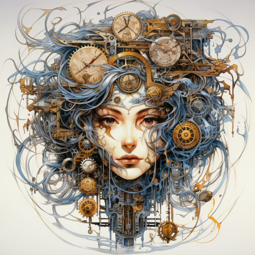 shiftedreality a woman who is surrounded by clocks in the style 62a08cb9-13e4-4928-98eb-0e711c3bbf98 (1)