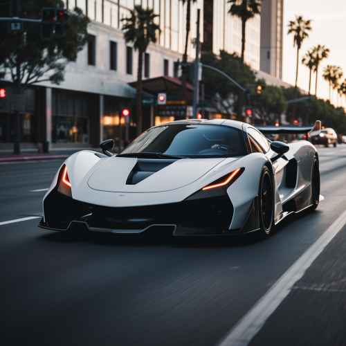 shiftedreality an elegant white hypercar driving in Los Angeles 26dad528-fd84-4bb5-a276-519ffd7b5403