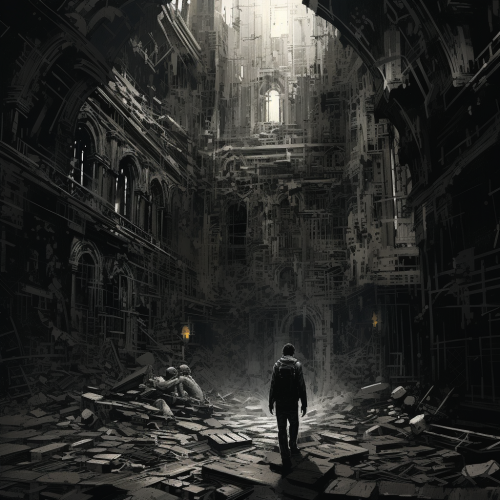 shiftedreality an illustration of a man walking in an old build 06aeb651-e0ee-425e-9933-f97e64c47411 (1)