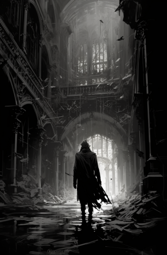 shiftedreality an illustration of a man walking in an old build 8ea822f2-e166-4fdc-b230-d3d1b068d60c (1)