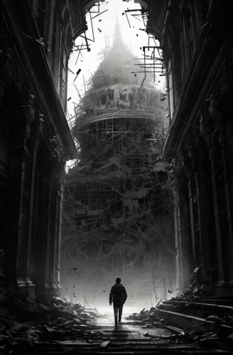 shiftedreality an illustration of a man walking in an old build 9536a123-034b-4bb5-b9dd-7e9d7410f03e (1)