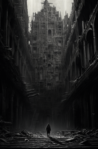 shiftedreality an illustration of a man walking in an old build ed7bf214-c11a-498e-b201-15b9d15c944d (1)