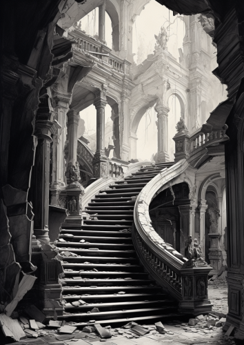 shiftedreality an old abandoned building with stairs leading up 0409cebb-9da4-4cf8-8030-638fc64729c8 (1)