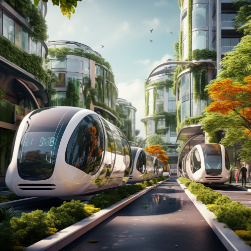 shiftedreality futuristic train travels down the street among o 9b568617-d0ff-44c6-98e5-7da6c4d1535c