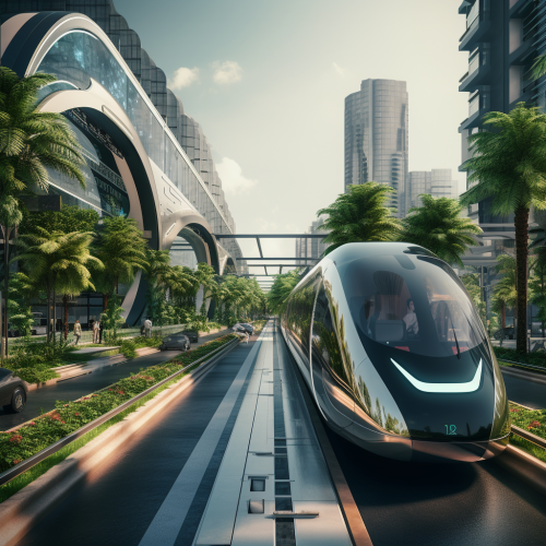 shiftedreality futuristic train travels down the street among o d56a97df-0675-4c56-ba54-d9a962ebac6d