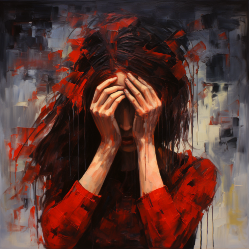 shiftedreality painting of a red girl holding her head up in th 4a146f91-2b75-4d5e-892b-8d68c98c7134