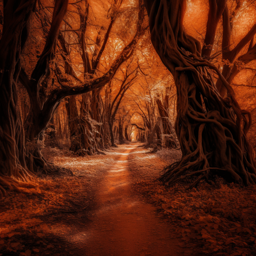 shiftedreality the road through an orange and red forest in the 687bf3c6-4ede-4de0-82c7-57f48af901f2